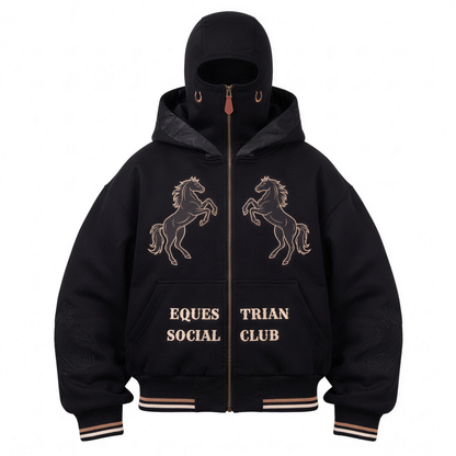 Black - Equestrian Social Club balaclava zip hoodie, front view